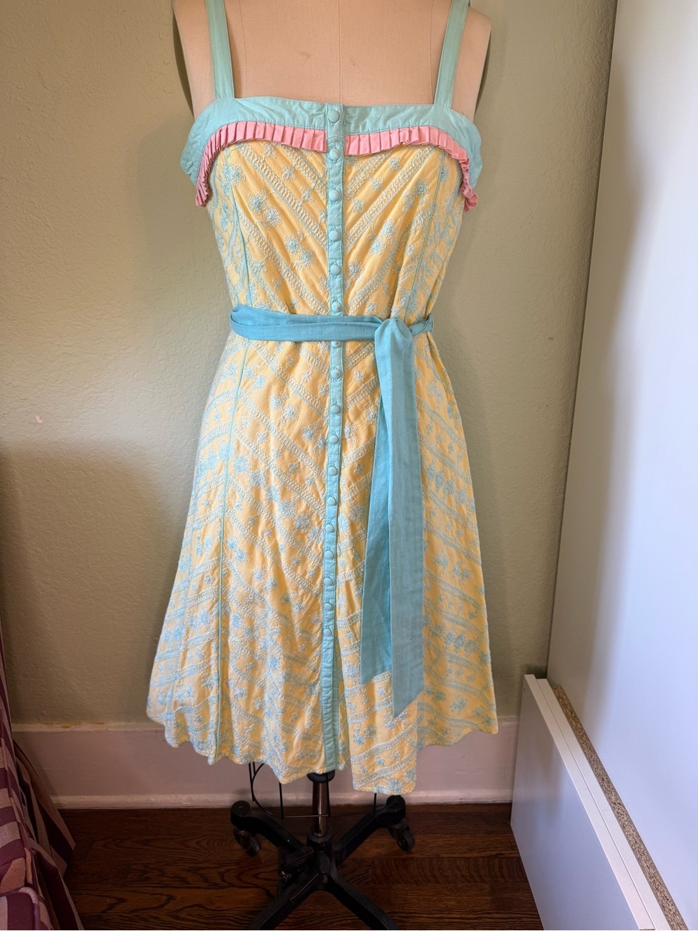 Sleeveless Yellow & Aqua Midi Dress with Tie Waist